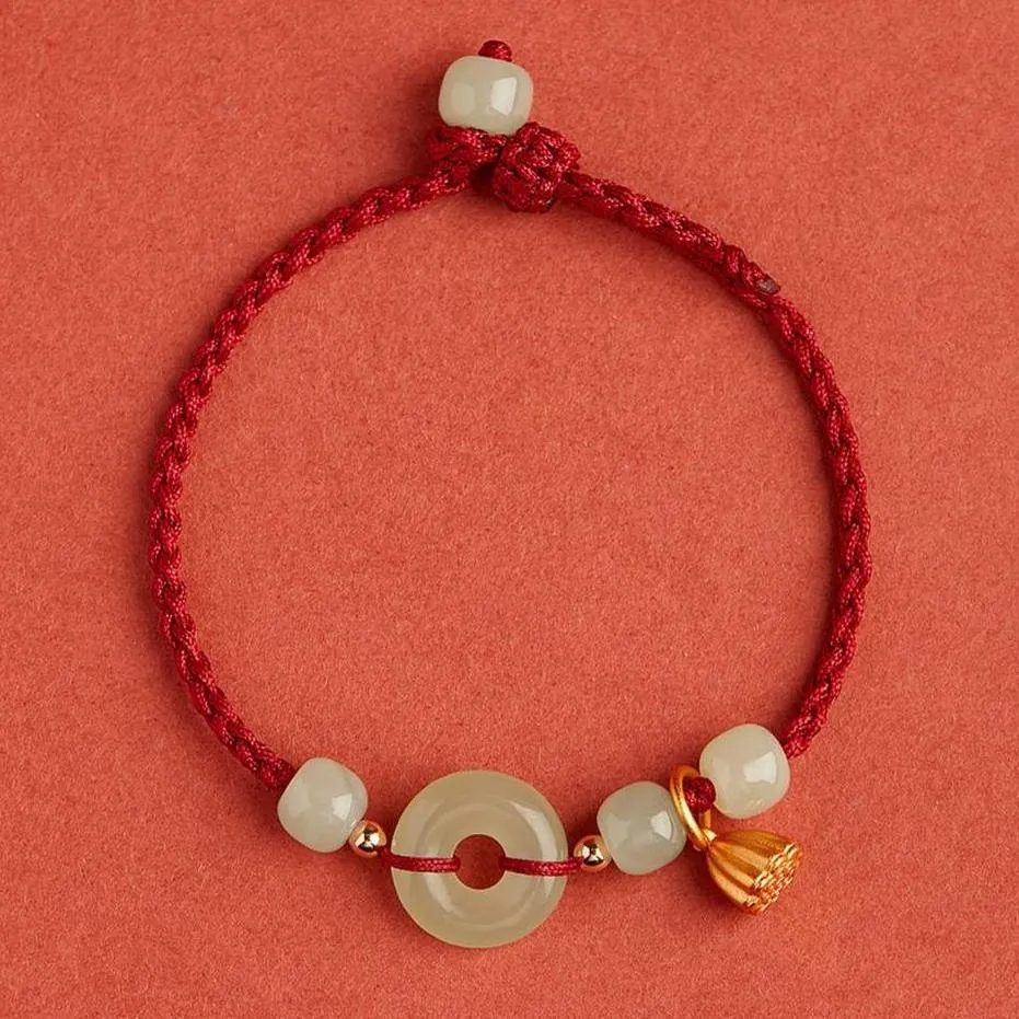Natural Hetian Jade Fortune Red String Bracelet